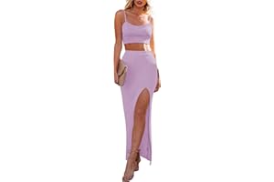 Cutiefox Women's Knit 2 Piece Dress Cami Crop Top High Side Slit Bodycon Long Skirt Set