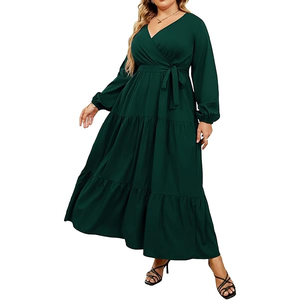 KOJOOIN Women's Plus Size Wrap Maxi Dress - Long Lantern Sleeves Empire Waist Boho Style