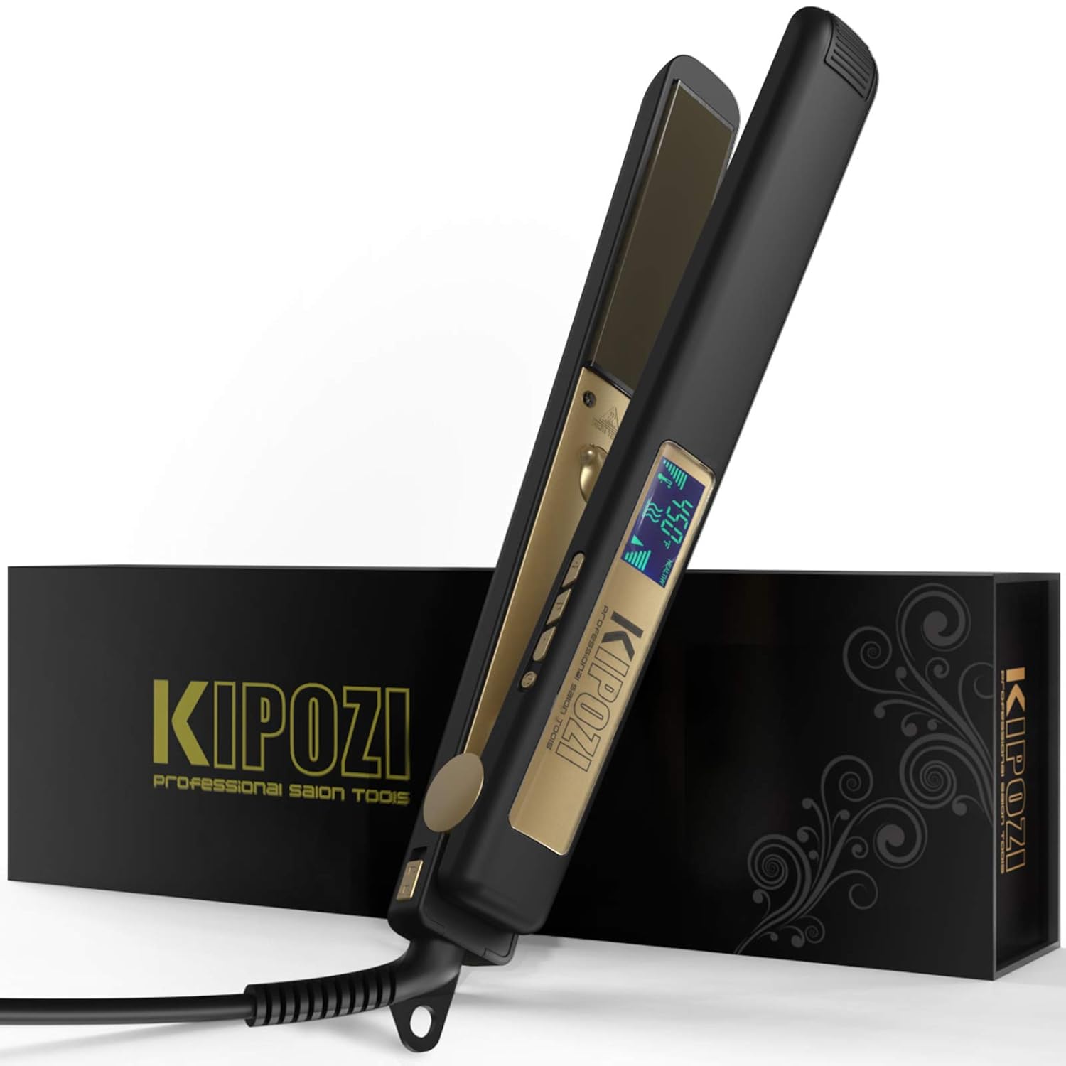 KIPOZI Professional Flat Iron Titanium 1 Inch Hair Straightener with Adjustable Temperature High Heat 450 Degrees Frizz Free Dual Voltage Heats Up Quickly Matte Black : Beauty