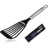 KSENDALO Thin Flexible Fish Spatula for Nonstick Cookware, Black | Egg Flipper Turner w/Hollow Steel Handle, Slotted Angled LFGB Complaint Nylon Blade, Dishwasher Safe, Silver Handle