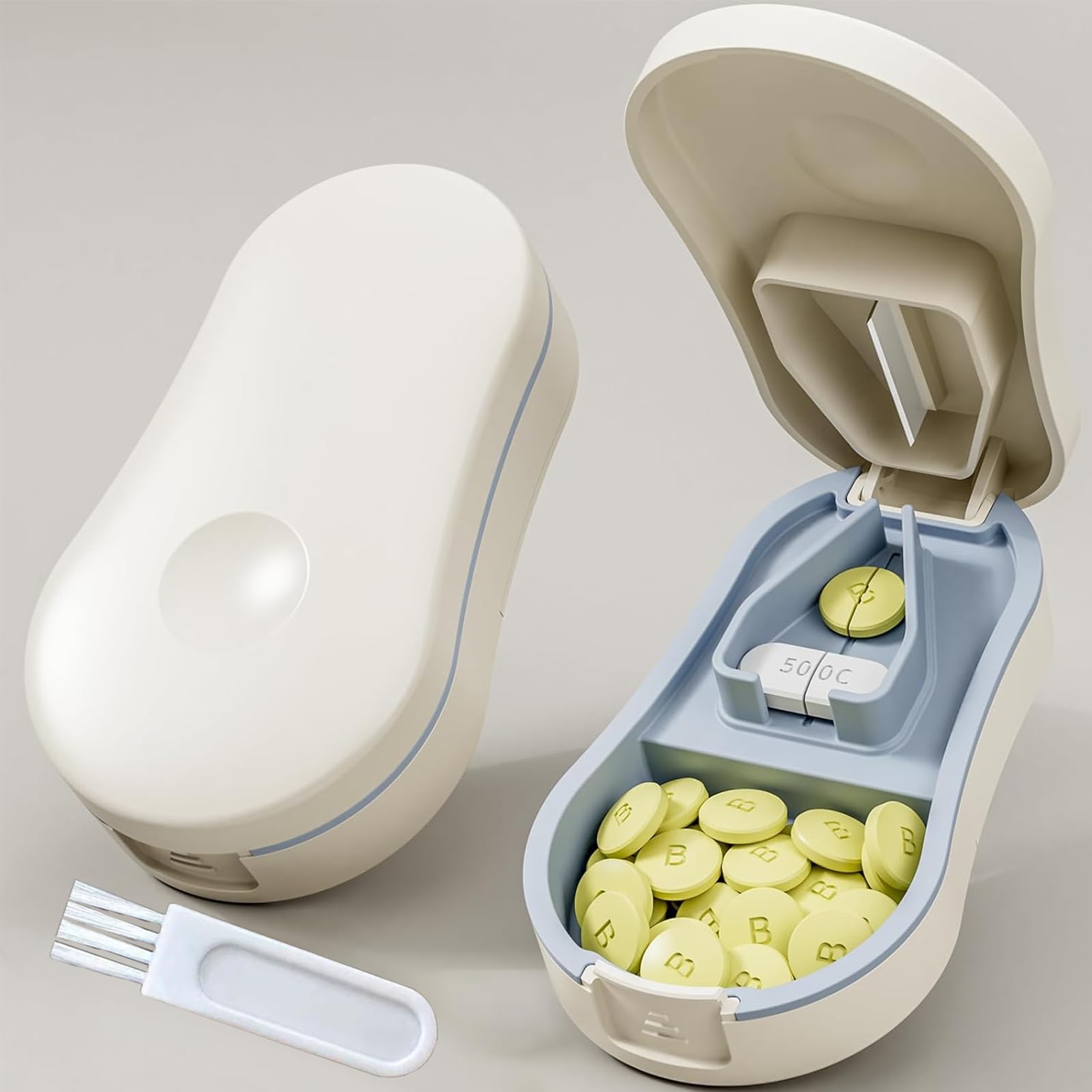 Photo 1 of Pill Cutter Splitter for Small and Tiny Pills - Tablet Cutter with Centering Device, V-Slot, Storage and Cleaning Brush - Medicine Slicer for Accurate Cuts (White)