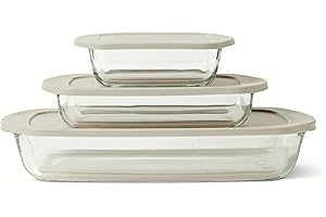 鶹 Basics Glass Baking Dishes with BPA-Free Lids, 6-Piece Set, Borosilcate Glass, Dishwasher and Oven-Safe, Linen Gray