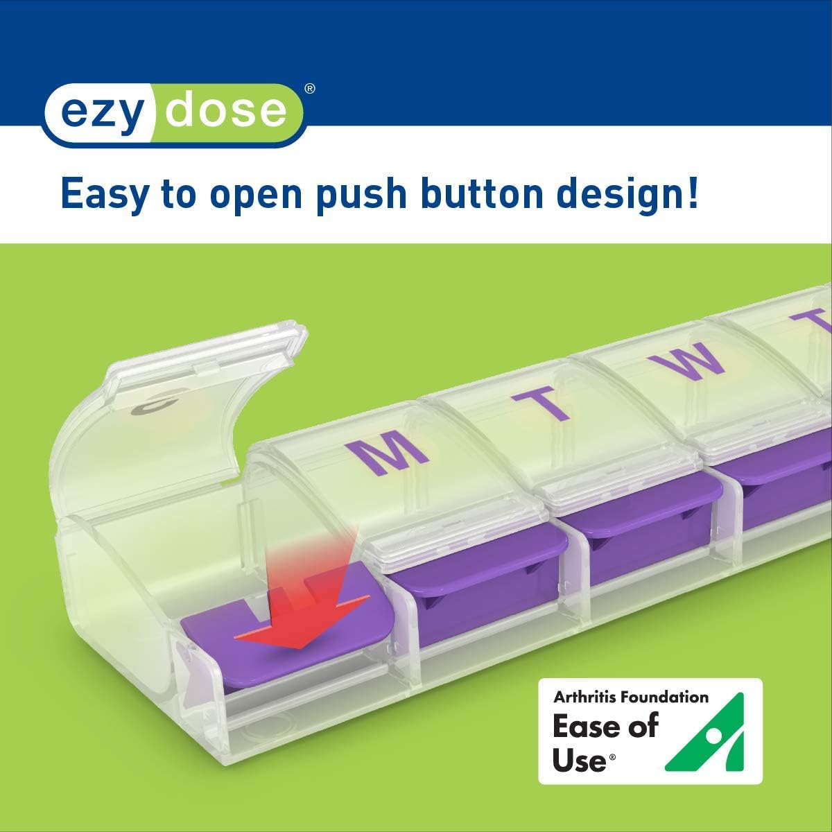 Ezy Dose Push Button (7-Day) Pill, Medicine, Vitamin Organizer Box | Weekly, 2 Times a Day, AM PM | Large Compartments | Arthritis Friendly | Clear Lids: Health & Personal Care