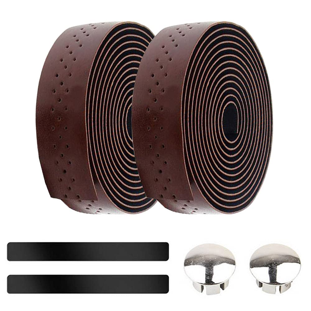 ETOPARS Brown Bicycle Handlebar Tape Cycling Road Bike Handlebar Tape Leather Handle Bar Grip Wrap Tapes Comfort Non Slip Breathable Anti Shock With Bar End Plug