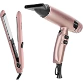 GAMMA+ Professional Hair Styling Bundle X-Hybrid 1&rdquo; Titanium Flat Iron &amp; Hybrid Ionic Hair Dryer (Rose Gold) &ndash; Lightweight, Low Noise, 2 Nozzles &amp; Diffuser, Frizz-Free Styling Holiday Gift Bundle
