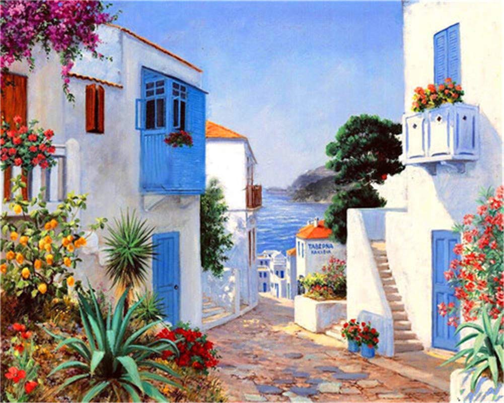 Gofission Paint by Numbers Ocean Scene House Flowers Trees, 16x20 inch Canvas DIY Number Painting Kits