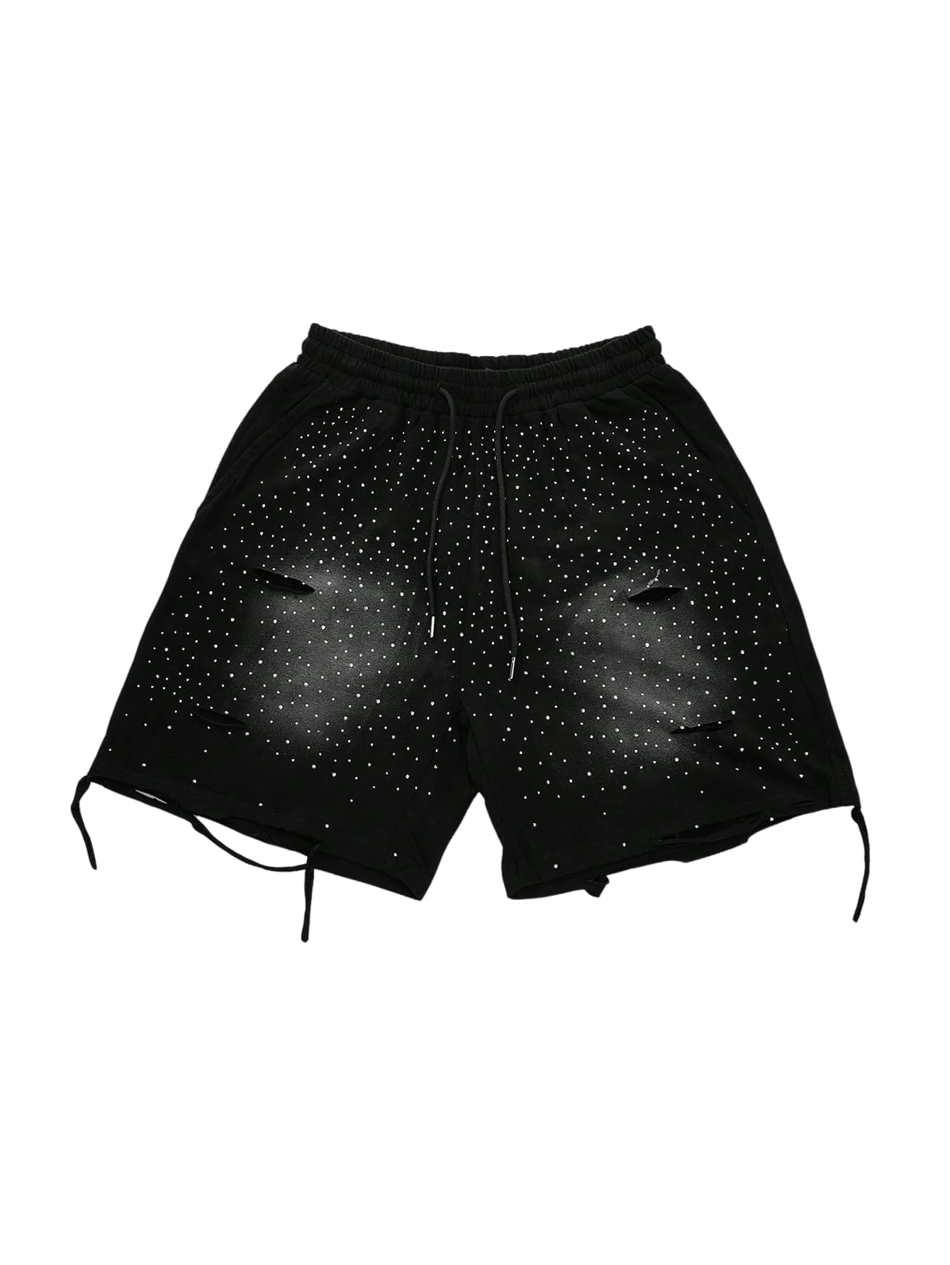 Photo 1 of RoseSeek Men's Glitter Rhinestone Ripped Shorts Drawstring Waist Wide Leg Party Shorts with Pockets Black Medium