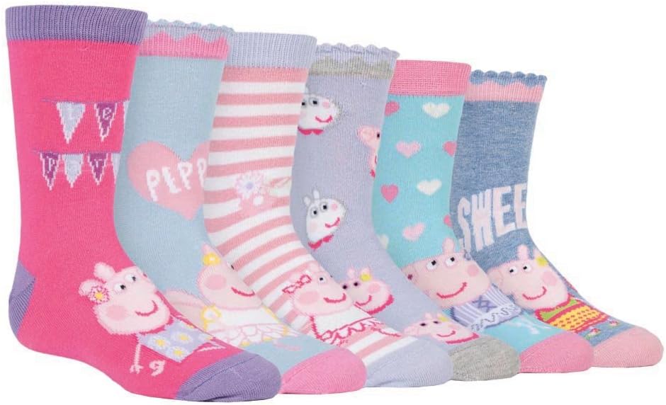Peppa Pig - 6 Pack Girls Boys Kids Bright Cute Patterned Cotton Rich Peppa Pig and George Socks