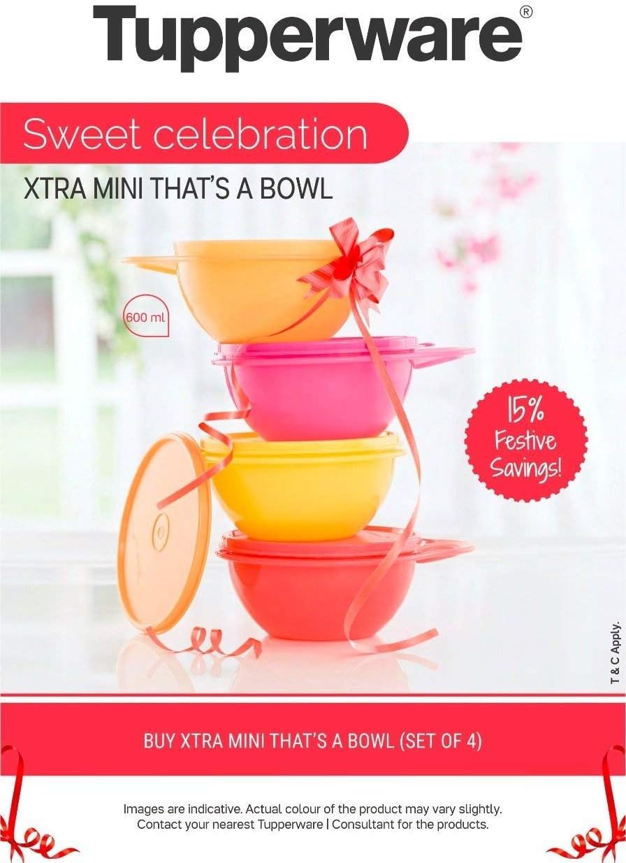 Tupperware Plastic Bowl Set With Lid- 4 Pieces, Multicolour