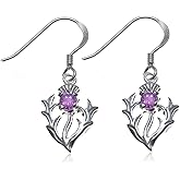 Alexander Castle 925 Sterling Silver Scottish Thistle Genuine Amethyst Earrings - 12mm x 10mm Drop Earrings with Jewelry Gift Box - Purple Earrings for Women