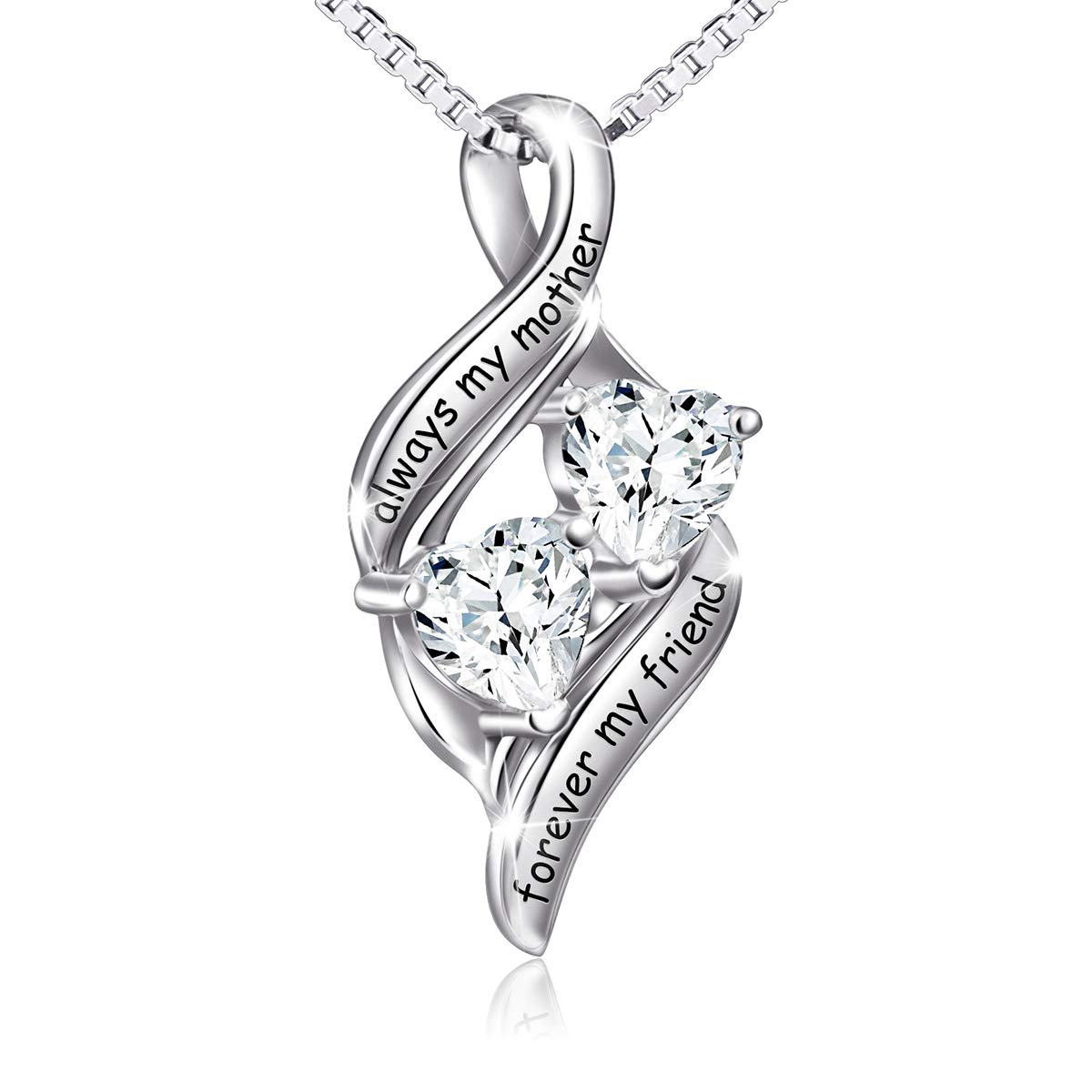 Flyow Heart Necklace for Mother Women Engraved Always My Mother, Forever My Friend, 925 Sterling Silver Forever Love Pendant Necklaces with Sparkling Cubic Zirconia