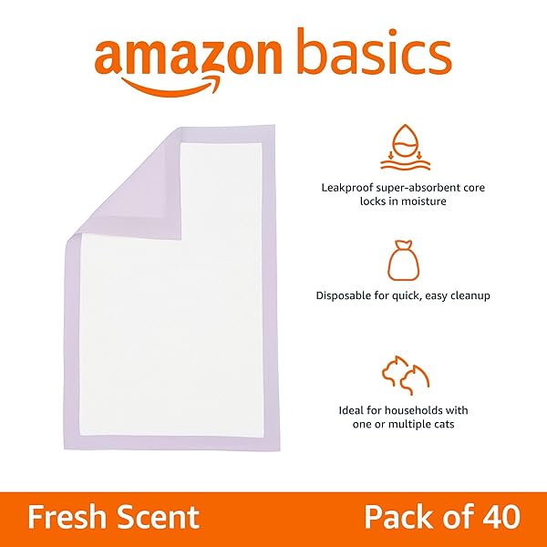 AMAZON BASICS CAT LITTERS PEE PADS, 40 COUNT, UNIVERSAL FIT FOR LITTER BOX, ODOR CONTROL WITH FRESH SCENT, PURPLE AND WHITE
