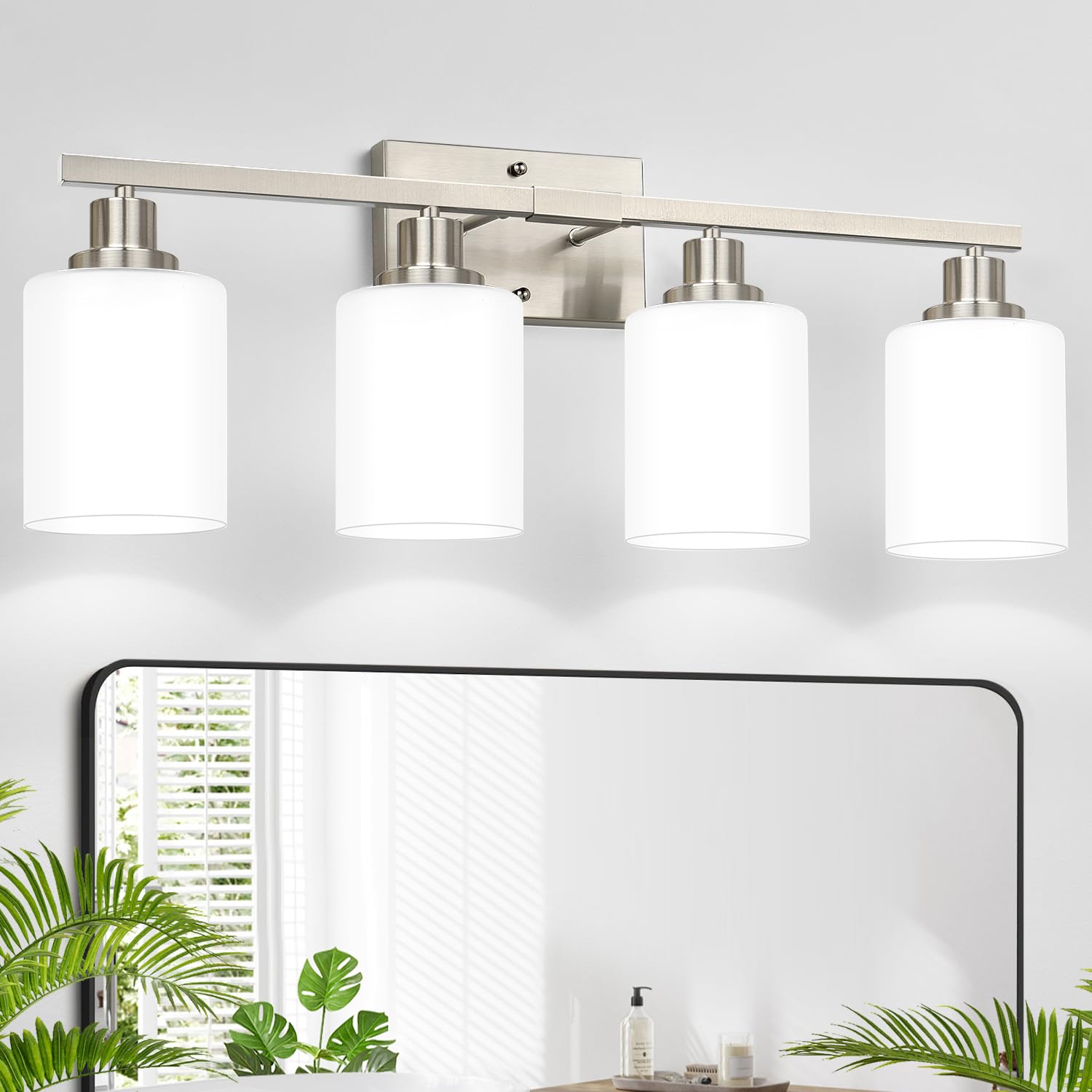Photo 1 of 4-Light Vanity Light with Milky White Shades, Brushed Nickel Bathroom Lighting Fixtures Over Mirror, Modern Bathroom Wall Lamp for Mirror Living Room Cabinet Bedroom
