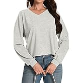 Long Sleeve Crop Tops for Women Loose Cropped Tshirt V Neck Tees Casual Cotton Athletic Workout Shirts