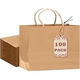 qiqee 13"x4.5"x10" Large Gift Bag with Handles Bulk 100PCS Gift Paper Bags Brown Bags Multiple Uses (Wide Large)