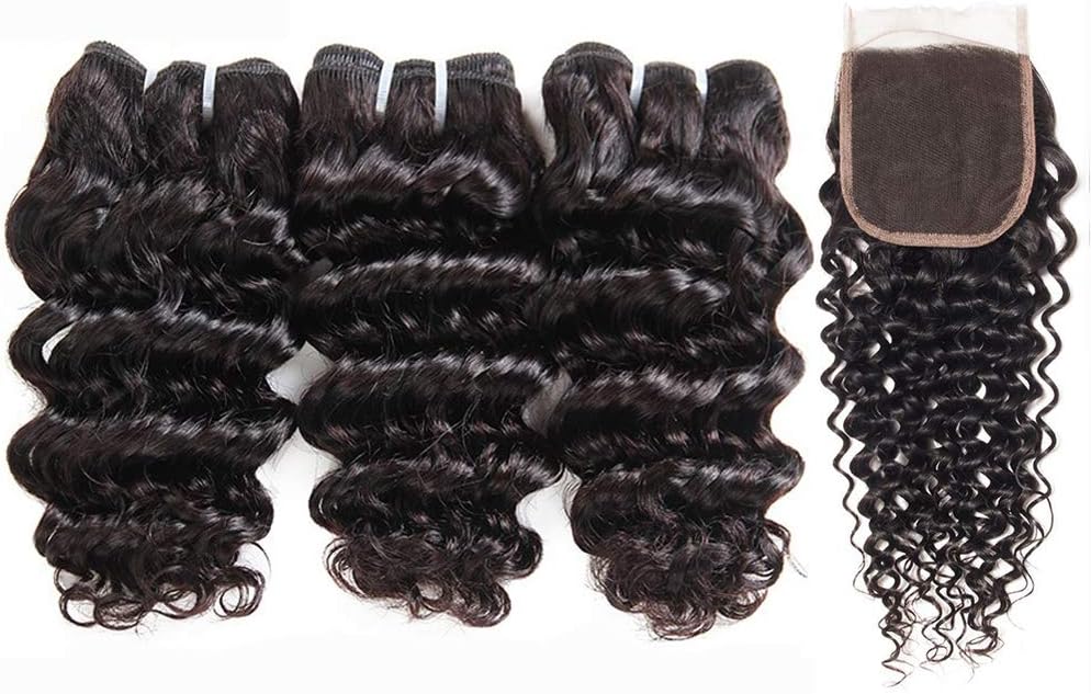 Brazilian Virgin Deep Wave/Curly Human Hair Bundles with Lace Closure 100% Unprocessed Wet and Wavy Curly Hair Weave Weft Hair Extensions Natural Black (8/8/8+8 Inch)