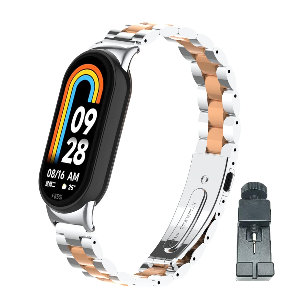 T-BLUER Compatible for Xiaomi Mi Smart Band 8 Strap,Mi Band 8 Stainless Steel Metal Replacement Band Bracelet Wristband Accessories for Xiaomi Smart Band 8 Silver Rose Gold