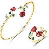 coadipress Rose Bracelet Ring Set for Women Dainty Fashion Red Roses Flower Green Leaf Open Cuff Adjustable Bracelets Vintage Flower Rings Wedding Personalized Accessories Jewelry