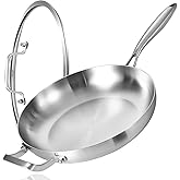 LOLYKITCH 14 Inch Tri-ply Stainless Steel Frying Pan with Lid and Helper Handle,Large Skillet,Induction Chef's Cooking Pan,Oven Safe and Detachable Handle
