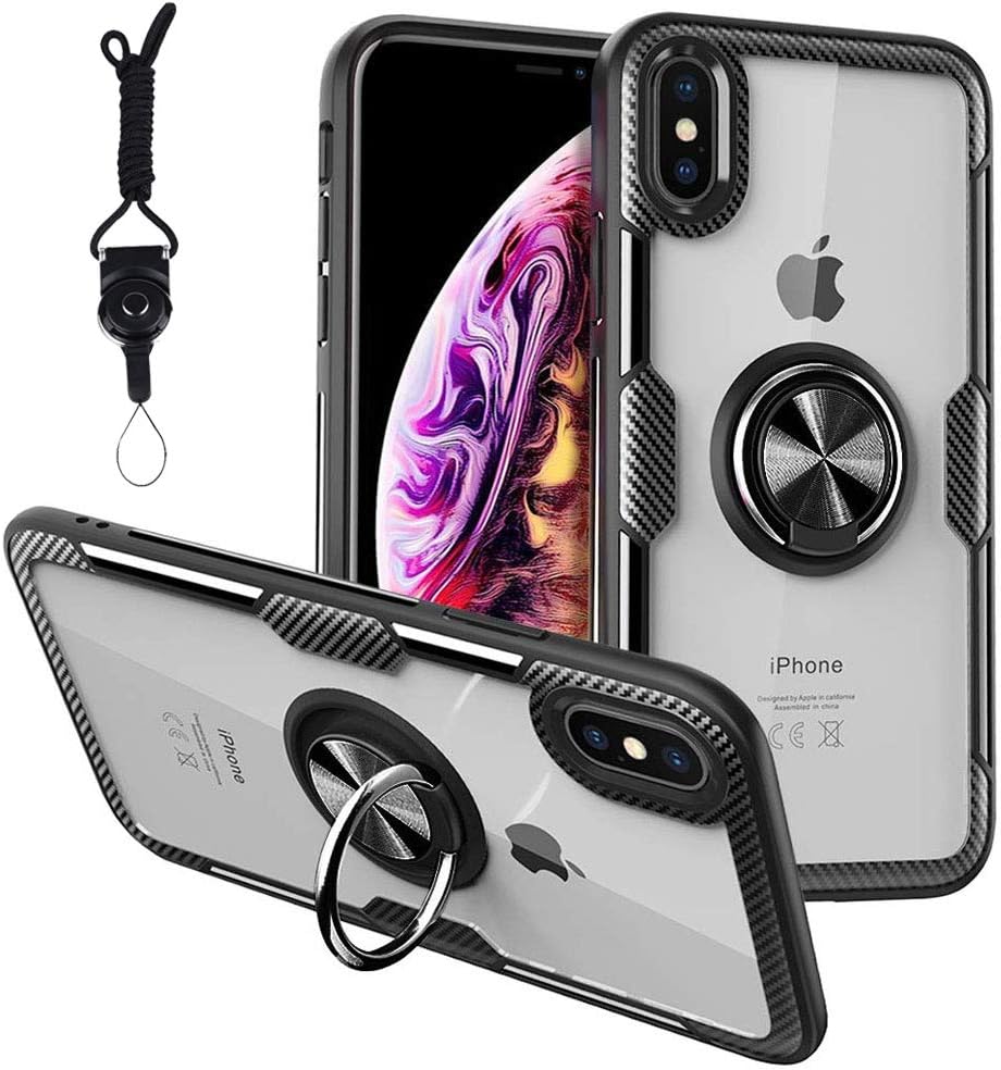 Dishibei iPhone Xs Max Case 6.5 inch,360 Rotating Ring Holder Kickstand with Magnetic Car Mount Rubber Bumper Clear Carbon Fiber Back Cover Armor Protective Case for iPhone Xs Max Case (Black)