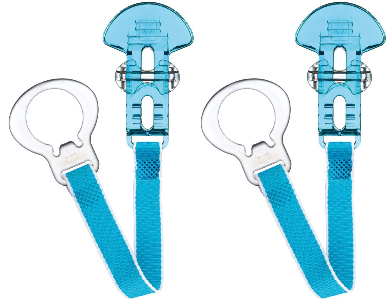 MAM Dummy Clip | 2 Pack | Baby Soother Clips Fit All MAM Soothers | Adjustable Length and Lightweight Design | Baby Accessories | White with Blue Strap | Dummies Not Included