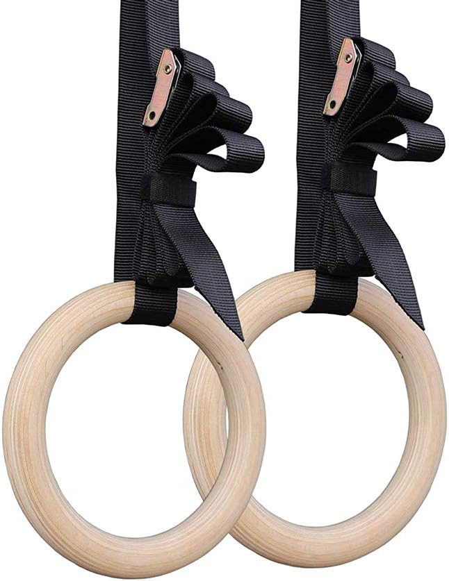 MOIAK Gymnastics Rings Set, Wooden Olympic Gym Rings Hoops with Buckle Straps for Pull Ups Excercising Suspension Training, Body Building Fitness