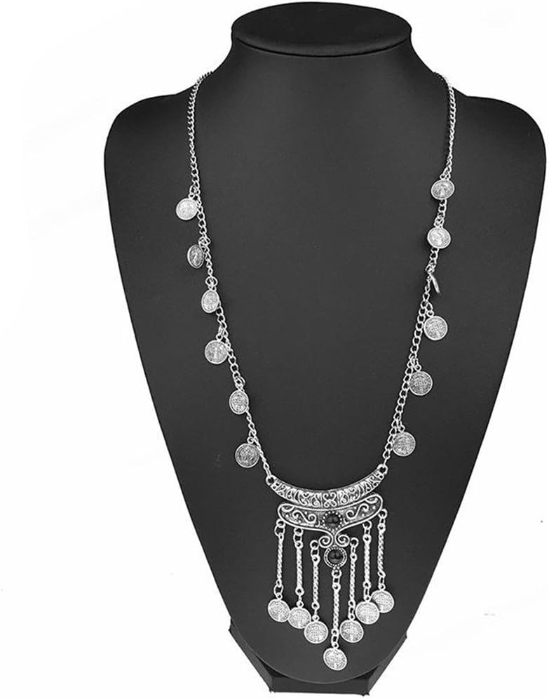 ROOMZOOM Charm Coin Necklace Gypsy Ethnic Turkish Chain Gem Tassel Jewelry Antique Silver+Black