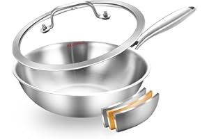DELARLO Whole Body Tri-Ply Stainless Steel Pan 9.45 inch, Stainless Steel Woks & Stir-Fry Pans, Deep Kitchen Small Wok Pan wi