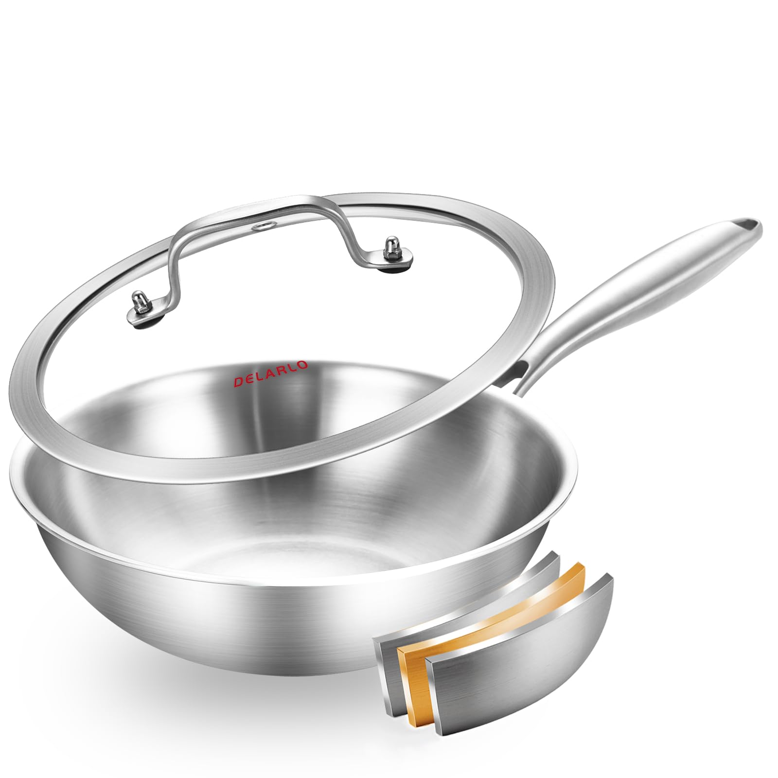 Photo 1 of DELARLO Whole Body Tri-Ply Stainless Steel Pan 9.45 inch, Stainless Steel Woks & Stir-Fry Pans, Deep Kitchen Small Wok Pan with Lids, Induction Mini wok 9.45", Suitable for All Stove, Up to 650?