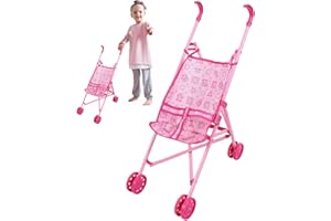 Baby Doll Stroller, Doll Stroller Cartoon Pattern Baby Foldable Pram with T-Shaped Safety Belt & Push Handle Detachable Washa
