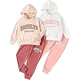 Fdqin Girl's Tracksuit Sets 4 Piece Outfits Cute Hoodie Matching Jogger Sweatpants Clothes Set for 3-14 Years