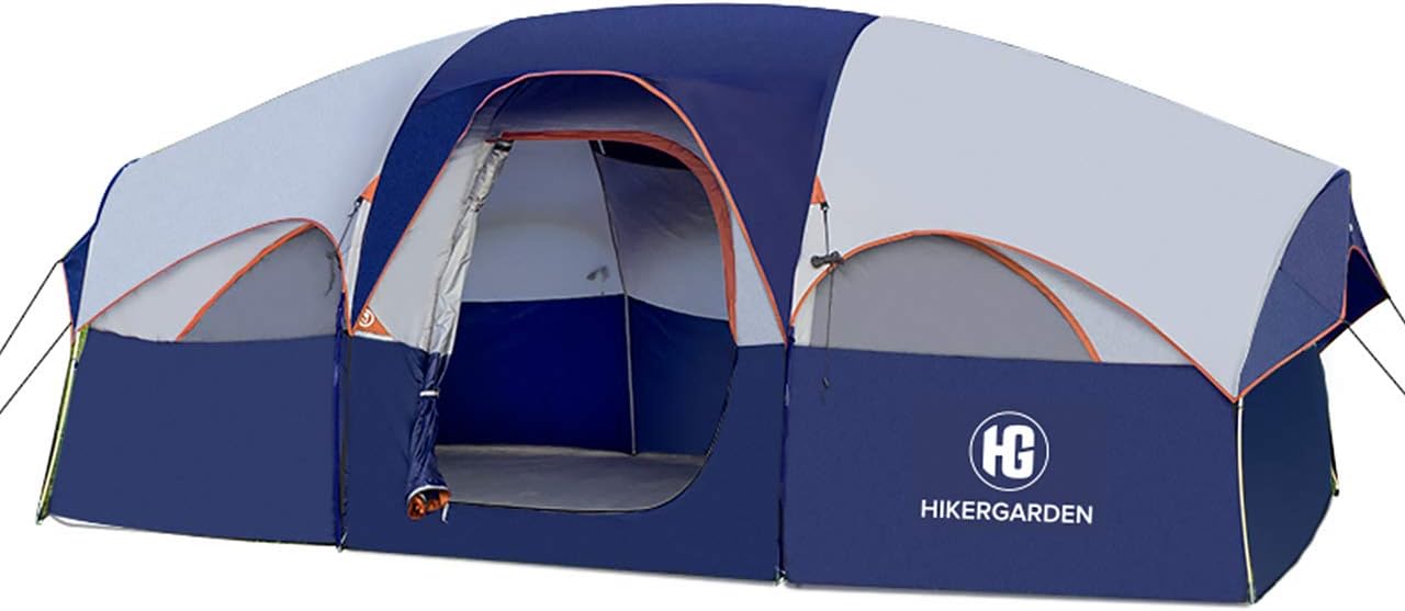 HIKERGARDEN Tent-8-Person-Camping-Tents, Waterproof Windproof Family Tent, 5 Large Mesh Windows, Double Layer, Divided Curtain for Separated Room, Portable with Carry Bag, for All Seasons