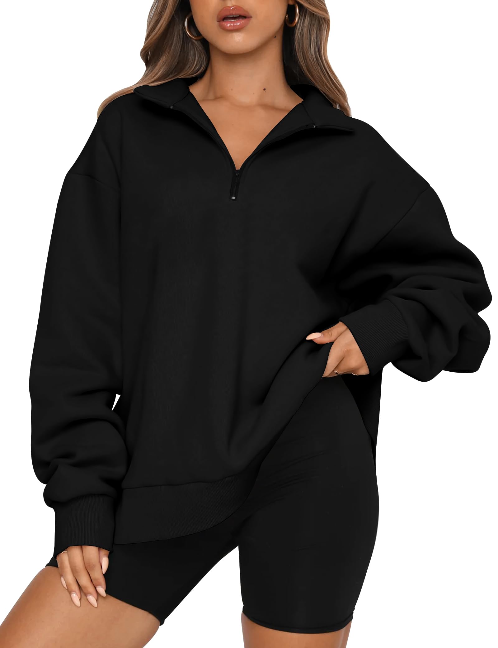 View 1 of ** HOODIE ONLY**
Trendy Queen Women's Oversized Half Zip Fleece Sweatershirts-Cozy Pullover with Pockets, Drop Shoulder for Fall Winter Black M