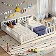 PVWIIK Twin Size Double Frame Floor Bed with Fence,Montessori Floor Bed w/Safety Guardrails for Girls,Boys,No Box Spring Needed, White
