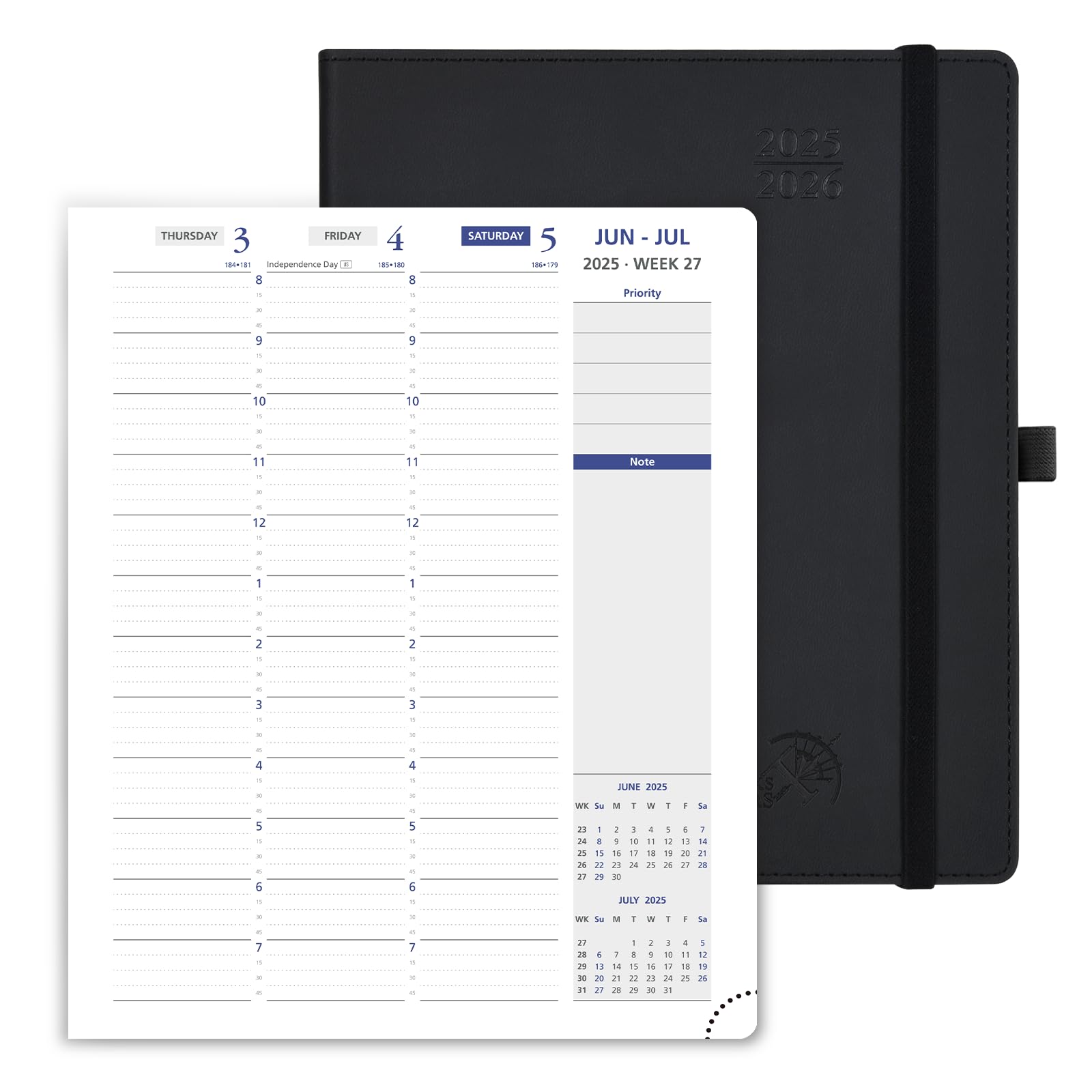 Photo 1 of POPRUN Weekly Planner 2025-2026, 7.25'' x 8.5'', 15-Minute Hourly Appointment Book (July 2025-June 2026) with PU Leather Softcover, Monthly Tabs, Inner Pocket - Black