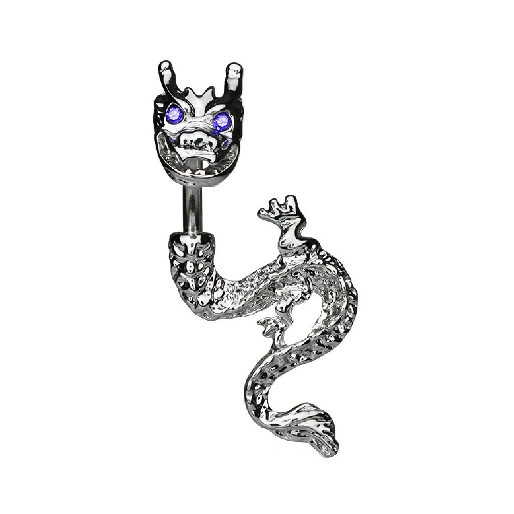 PiercedOff 316L Surgical Steel Belly Bar with Rhodium Plated Dragon and Blue CZ Eyes - Thickness 14GA (1.6mm) / Length 10mm / Head Size 10mm and Tail 20mm