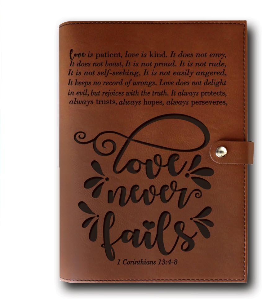 Bella Busta- Book Cover-Love Never Fails (1 Corinthinas 13:4-8) Christian Bibles Book Cover-Religion & Spirituality- Engrave Leather Book Cover (1 Corinthians 13:4-8(6" width x 8 5/8" height Rawhide))