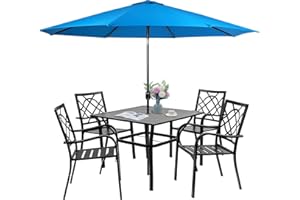 Oakcloud 5-Piece Patio Dining Set with Sky Blue Umbrella, Outdoor Metal Furniture Dining Table Set, 4 Stackable Patio Dining Chairs and Square Dining Table with Umbrella Hole
