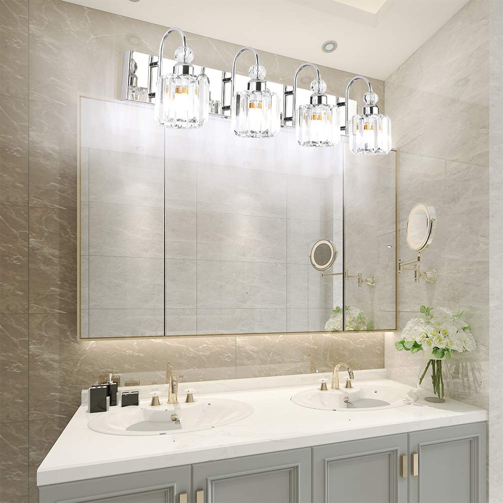 Ralbay Modern LED Crystal Bathroom Vanity Lights 4-Lights Stainless Steel Crystal Vanity Lights Over Mirror Modern Crystal Bathroom Vanity Lighting Fixtures