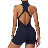 ECUPPER Women Backless Workout Jumpsuits One Piece Sleeveless Gym Rompers Zip Up Tummy Control Scrunch Shorts Yoga Bodysuit