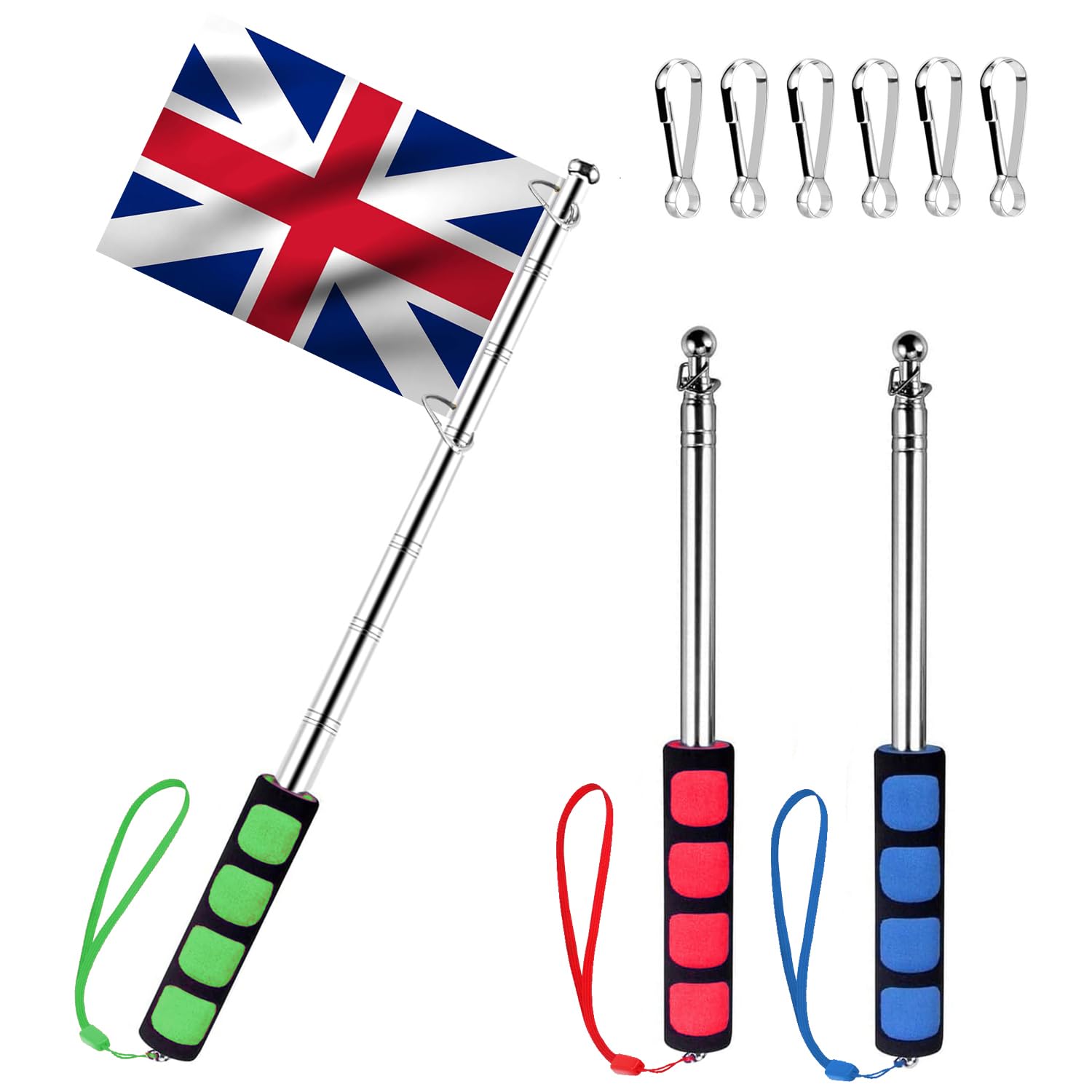 Ompinda Telescoping Handheld Flag Poles, 3 Pcs Extendable Stainless Steel Flag Poles or Teaching Pointer Sticks for Festival Flages Outdoor Flages Tour Guide Flages or Pointer for Teacher (2M
