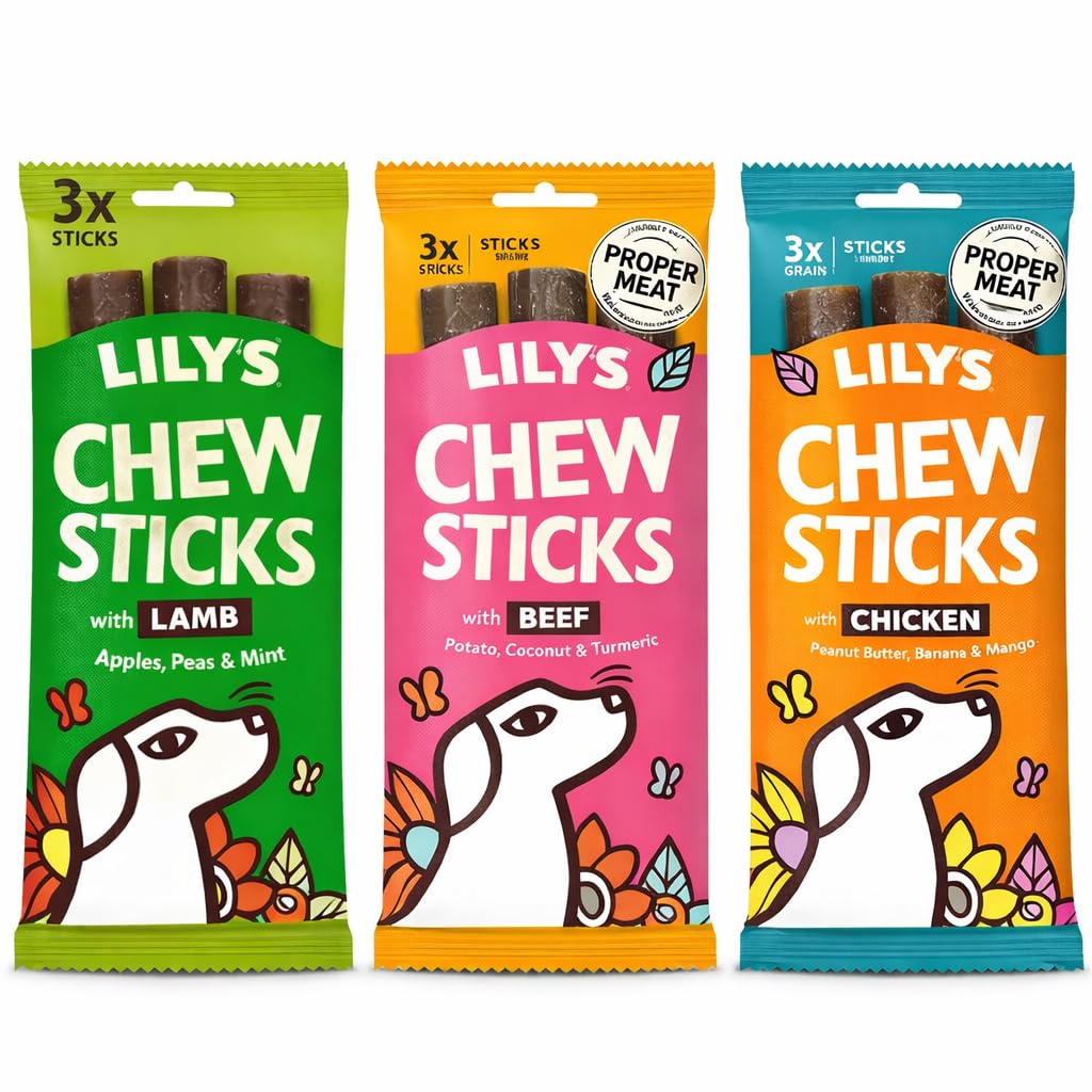 Lilys Kitchen Dog Treats, Chew Sticks Bundle, Grain Free Natural, Dental Dog Treats, Chicken, Lamb, Beef - Pack of 3x120g (Total of 9 Chews)
