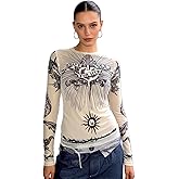 Women's Sexy Mesh See Through T Shirt Fashion Money Print Long Sleeve Crop Top Slim Tee Tops