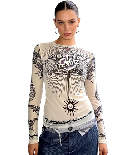 RoseSeek Women's Off The Shoulder Goth Graphic Tees Slim Fit Y2K