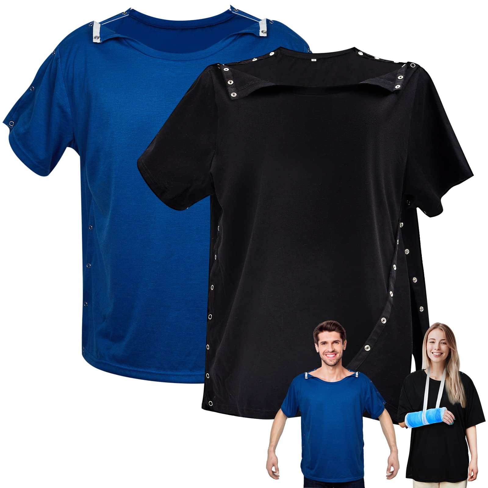 Photo 1 of 2 Pieces Post Surgery Shirt for Men Women Unisex Shoulder Surgery Shirts Left Right Side Snap Access Recovery Hospital Shirts (Black, Blue, XL)