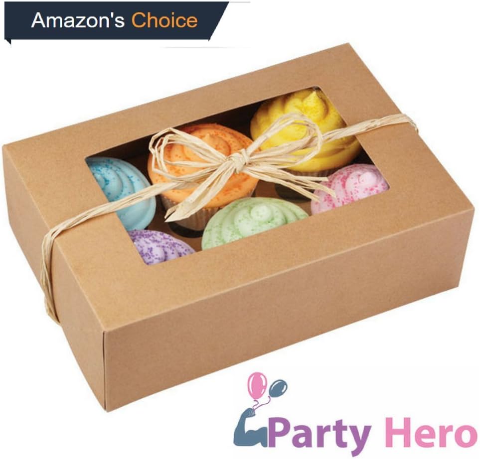 Party Hero Cupcake boxes cupcake container, 6 count cavity, 25 pack, Pastry Kraft box, brown | Inserts included, BEST VALUE