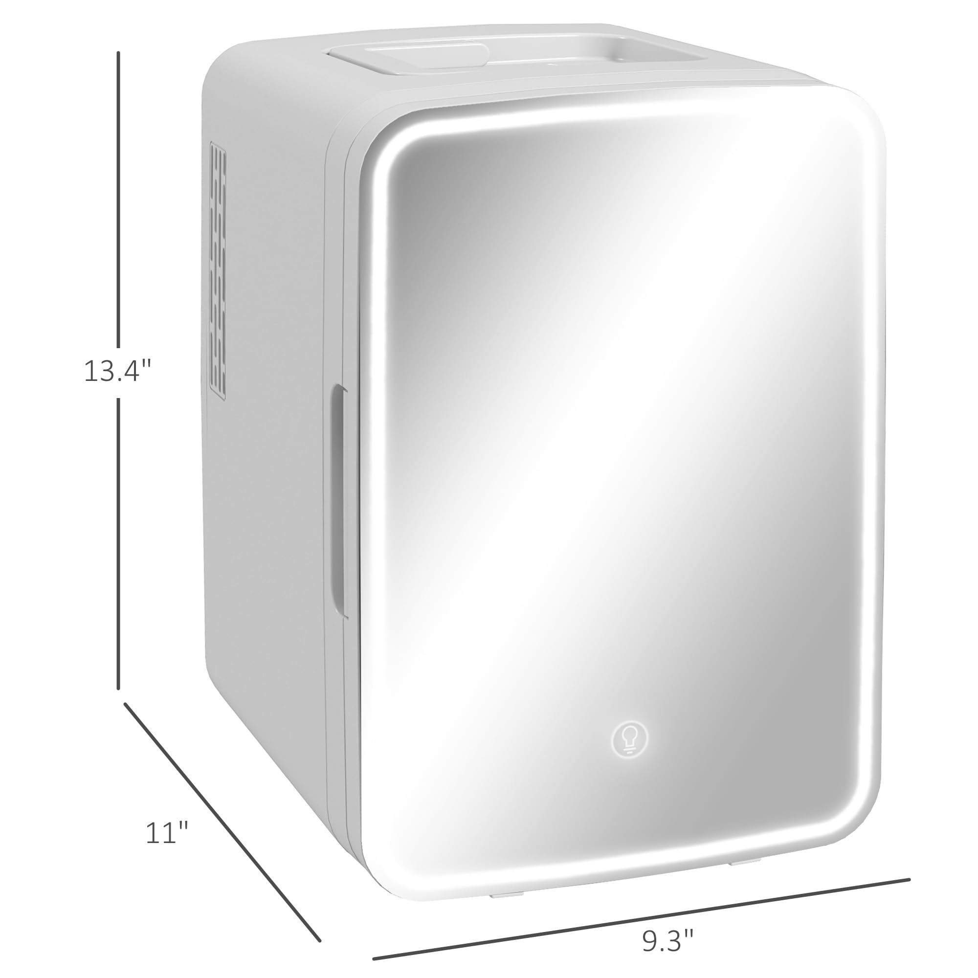 HOMCOM Mini Fridge for Bedroom or Car with Dimmable LED Mirror (10L/8 Can), Cooler and Warmer, Portable Skincare Fridge, AC/DC Powered Small Refrigerator for Skincare, Beverage, Food, Cosmetics, White
