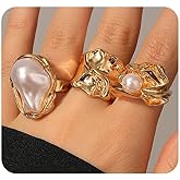 Quivox Chunky Gold Statement Rings for Women Vintage Baroque Pearl Stackable Ring Set Charm Gold Adjustable Knuckle Rings Trendy Party Jewelry Accessories
