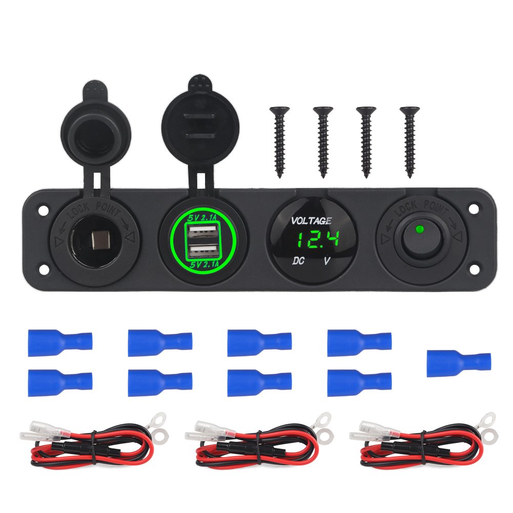 WATERWICH 2 3 4 Hole Marine Illuminated Toggle Rocker Switch Panel Waterproof Ignition Rocker Switch 12V-24V Volt Meter for RV Car Boat Trailer Vehicles Truck Yacht SUV (Two Hole Green)