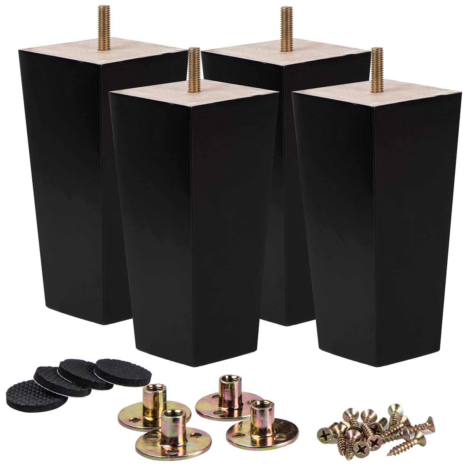 La Vane 4 inch / 10cm Solid Wood Furniture Legs Set of 4, Black Square Pyramid Replacement Feet for Couch Sofa Armchair - Mid-Century Modern with Pre-Drilled M8 Bolt & Metal Mounting Plates